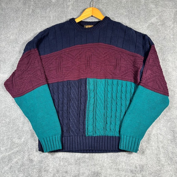 Eddie Bauer Other - VTG Eddie Bauer Cable Knit Sweater Colorblock Navy Teal Burgundy Men XL Made USA